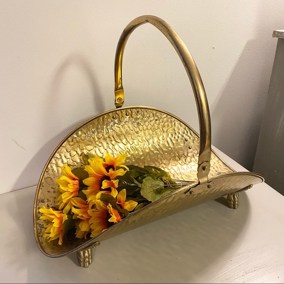 Vintage Brass Basket Firewood Basket Holder
